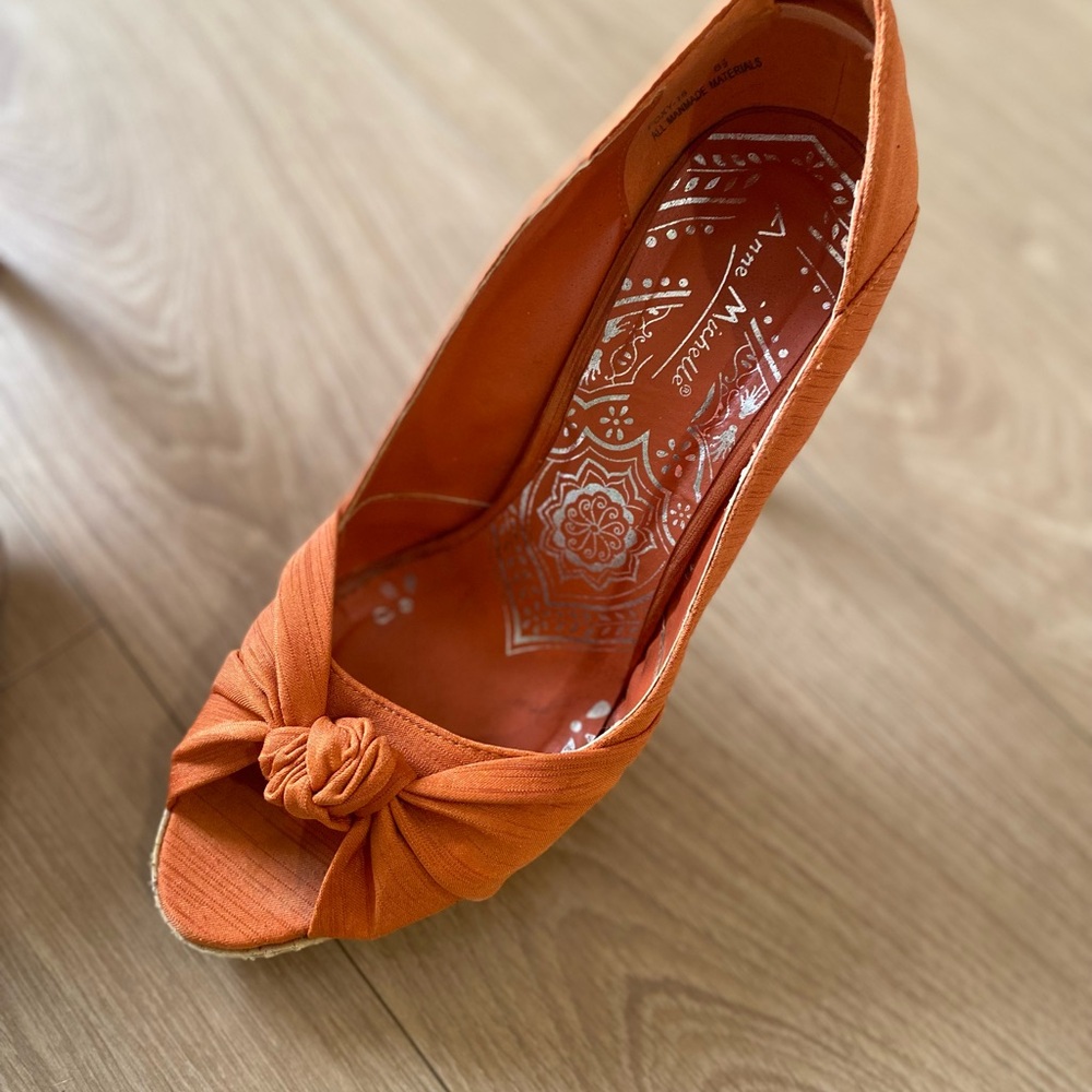 Anne Michelle Orange Peep-Toe Wedges